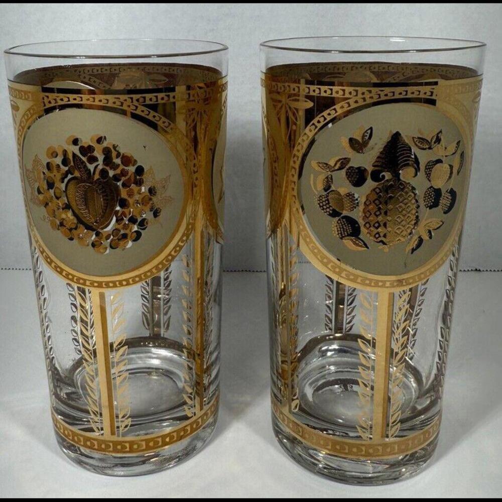 Vintage Cora Gold & Cream Fruit Clusters Drinking Glass Set Mid Century Glasses